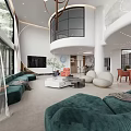 Modern Duplex Living Room Interior With Green Sofas And Creative Chairs
