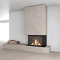 Modern Stone Fireplace With Burning Fire And Wood Logs In Minimalist Interior