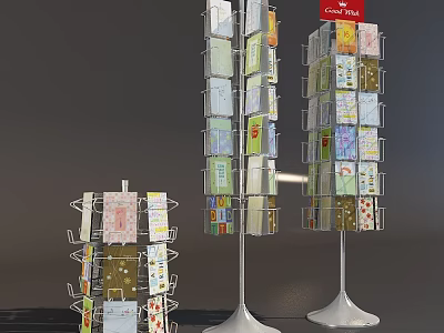 Cardinal Card Display Racks With Various Colorful Cards And Sturdy Metal Frames 3d model