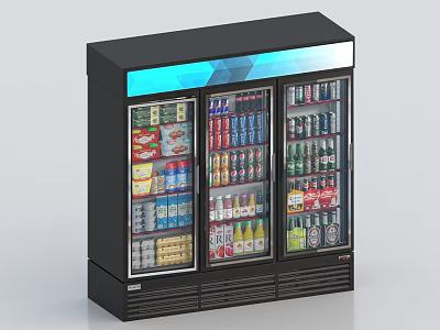 Double Door Commercial Display Refrigerator With Assorted Beverages Food Items Black Exterior Blue Top Lighting 3d model