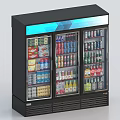 Double Door Commercial Display Refrigerator With Assorted Beverages Food Items Black Exterior Blue Top Lighting