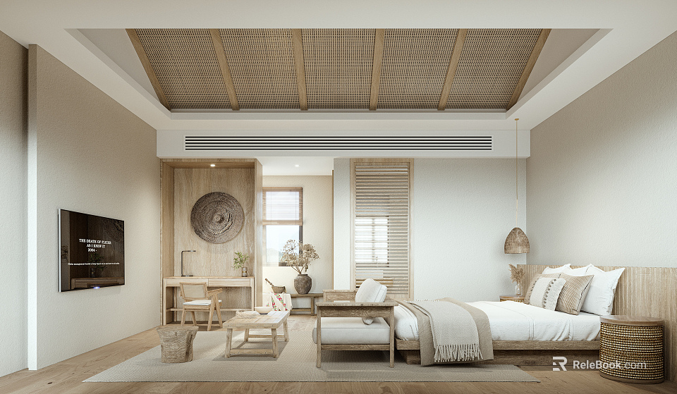 Minimalist Hotel Guest Room Interior Featuring Bamboo Woven Ceiling Natural Light TV And Cozy Bedding 3d model 