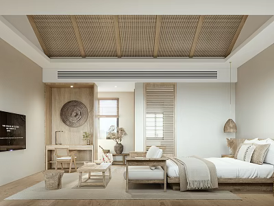 Minimalist Hotel Guest Room Interior Featuring Bamboo Woven Ceiling Natural Light TV And Cozy Bedding 3d model