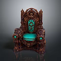 Ornate Dark Frame Chair With Green Cushioned Seat Glass Panel Backrest And Circular Armrest Accents