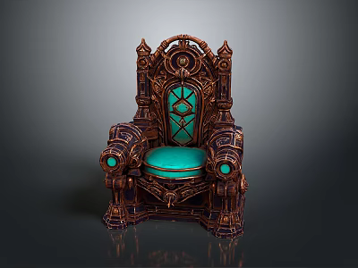 Ornate Dark Frame Chair With Green Cushioned Seat Glass Panel Backrest And Circular Armrest Accents 3d model