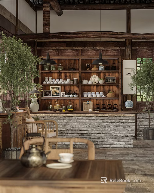 Traditional Tea House Interior With Wooden Walls Teaware And Plants 3d model 