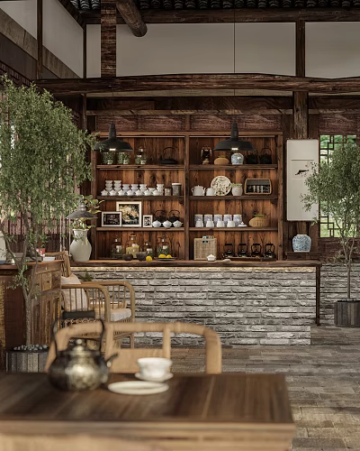 Traditional Tea House Interior With Wooden Walls Teaware And Plants 3d model