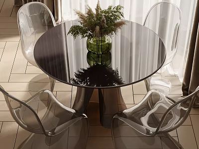 Modern Round Black Glass Top Table and Transparent Chairs Set with Green Vase Plants 3d model
