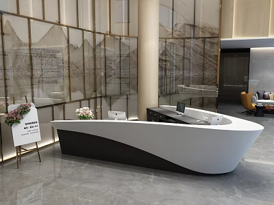 Elegant Modern Front Desk Reception With Curved Design Marble Floor And Glass Walls 3d model
