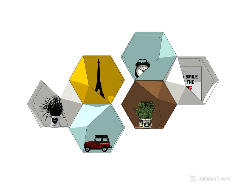 Modern Hexagonal Wall Cabinets With Decorative Patterns Plants Eiffel Tower Car Camera And VINYL 3d model