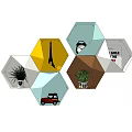 Modern Hexagonal Wall Cabinets With Decorative Patterns Plants Eiffel Tower Car Camera And VINYL 3d model