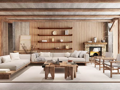 Cozy Living Room Interior Design With Wooden Wall Shelves Fireplace And White Sofa 3d model