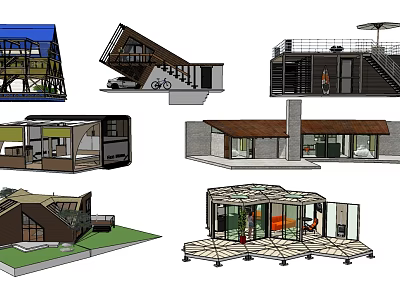 Modern Architectural House Models With Unique Roofs Staircases Balconies Garages And Glass Windows 3d model
