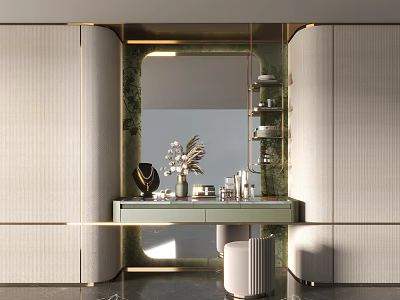 Elegant Dressing Table Interior Design With Green Countertop Golden Frame Mirror And Stool 3d model