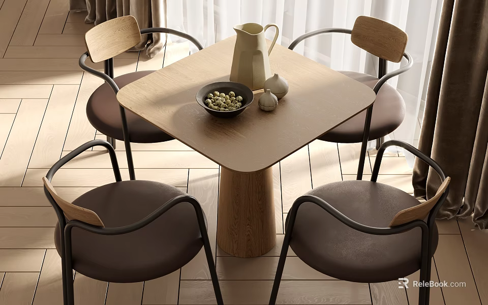 Modern Dining Table Set With Square Wooden Top Four Leather Chairs And Decorative Items 3d model 
