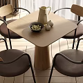 Modern Dining Table Set With Square Wooden Top Four Leather Chairs And Decorative Items