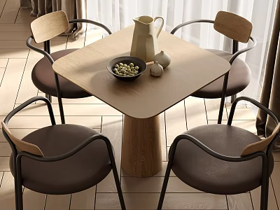 Modern Dining Table Set With Square Wooden Top Four Leather Chairs And Decorative Items 3d model