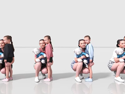 Two Girls Holding White Dolls in Squatting Pose With Different Colored Tops on White Background 3d model