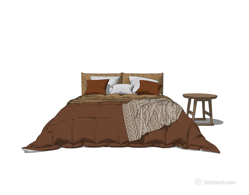 Cozy Double Bed With Brown Comforter Pillows And Small Wooden Stool 3d model