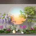 Garden Ornamental Display With Wisteria Green Tree Pink Flowers Rabbit Ornaments Round Lights And Sunset