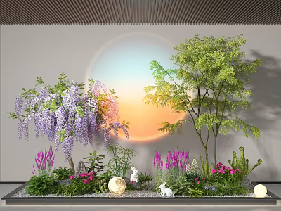 Garden Ornamental Display With Wisteria Green Tree Pink Flowers Rabbit Ornaments Round Lights And Sunset 3d model