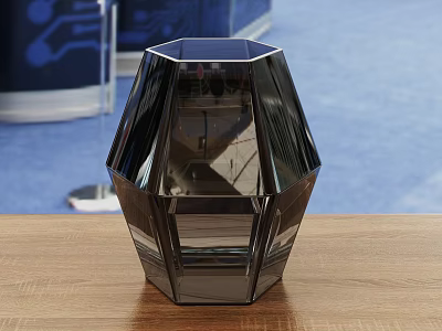 Black Polyhedral Glass Vase Placed On Wooden Tabletop With Blue Carpet Background 3d model