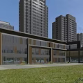 Modern School Building With Large Glass Windows Wooden Facade And Lawn Area For Children Playing