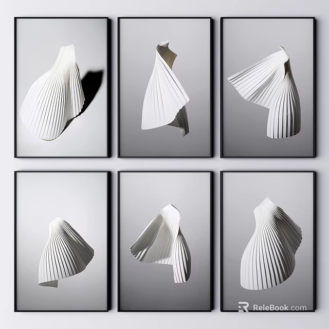 Modern Artistic Wall Decor Paintings With White Pleated Sculptures And Gray Frames 3d model 