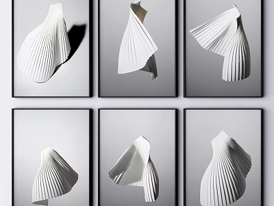 Modern Artistic Wall Decor Paintings With White Pleated Sculptures And Gray Frames 3d model