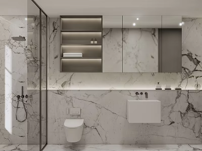 Modern Bathroom Interior With Marble Walls Large Mirror Wall Mounted Toilet Sink And Glass Shower 3d model