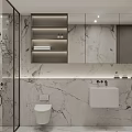 Modern Bathroom Interior With Marble Walls Large Mirror Wall Mounted Toilet Sink And Glass Shower