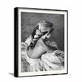 Black And White Female Back View Portrait With Braided Hair Feather Decoration And Tattoo