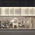 Modern Storefront With Glass Facade And Curved Spiral Decorations For Fashion Clothing Displays