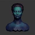 Woman Bust Sculpture In Blue Purple Hue With Reflective Surface On Dark Background