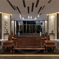 Chinese Traditional Interior With Wooden Furniture Round Arch Wall Paintings And Marble Floor
