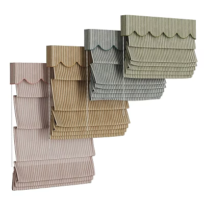 Various Colored Striped Curtains with Scalloped Edges Stacked for Home Decoration 3d model