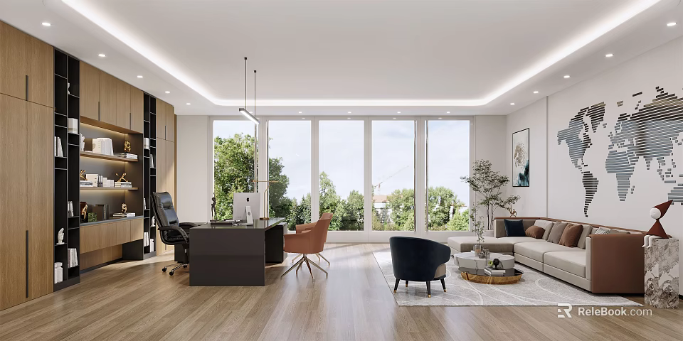 Modern Office Interior With Large Windows Greenery Outside Desk Sofa And Bookshelf 3d model