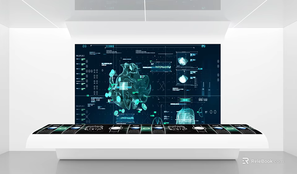 Futuristic Tech Exhibition Hall With Large Interactive Screen And Data Visualization Interface 3d model 