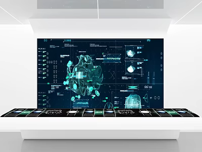 Futuristic Tech Exhibition Hall With Large Interactive Screen And Data Visualization Interface 3d model