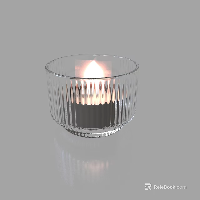 Transparent Glass Candle Lamp With Burning Flame And Vertical Stripes Design 3d model 
