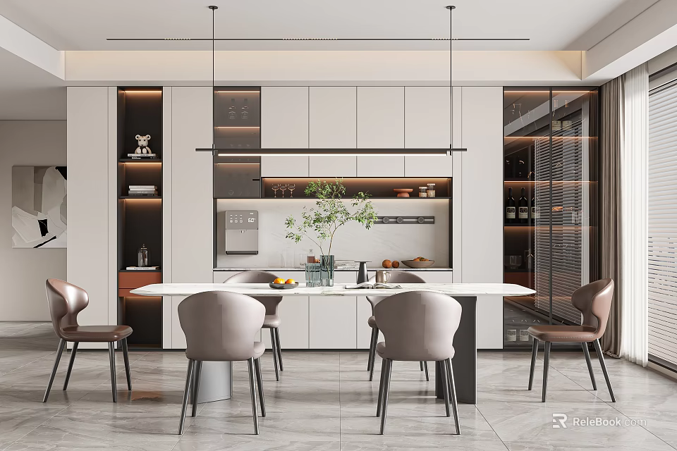 Modern Restaurant Interior Design With Dining Table Chairs Pendant Lights And Green Plants 3d model 