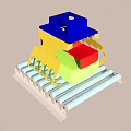 Colorful Mechanical Device Prototype With Blue Yellow Red Green Components And Light Blue Conveyor Track