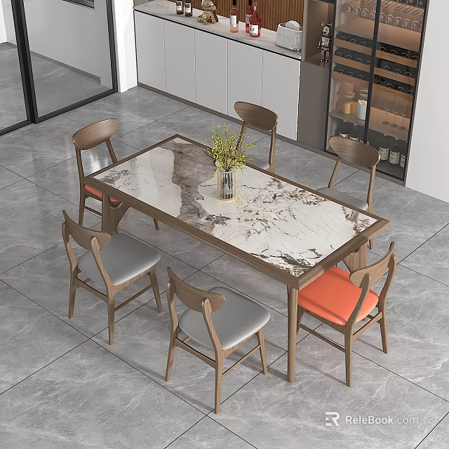 Modern Dining Table Set With Marble Top Six Wooden Chairs Grey Orange Cushions Vase Plants 3d model 