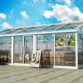 Glass House Structure With Blue Sky White Clouds Plant Shelf And Indoor Tables