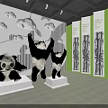 Playful Panda Sculptures On Display Stands With Green Panels And Bamboo Patterns
