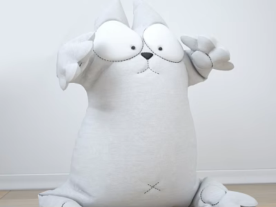 Gray Fabric Plush Cat Doll With Big Eyes Sitting Posture Stitched Details 3d model