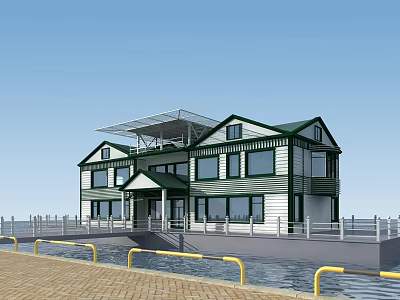 Scenic Waterfront Landscape With Green Roof White Wall House Dock And Railing 3d model