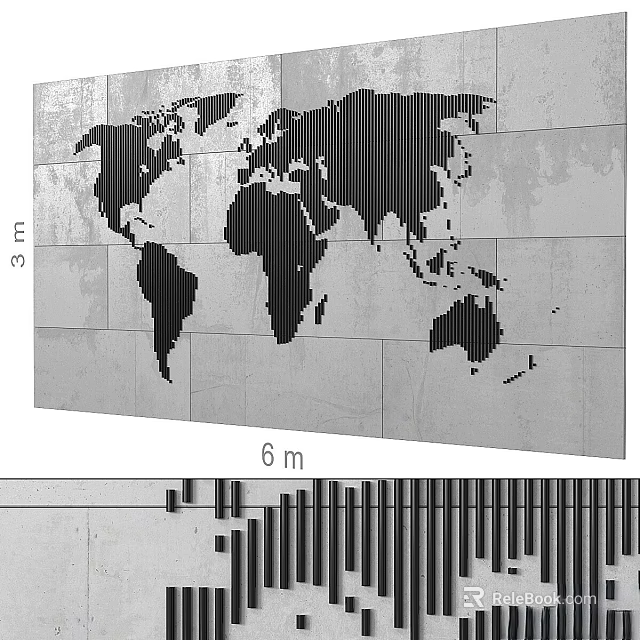 World Map Wall Art With Black Vertical Strips On Gray Background 3m x 6m 3d model