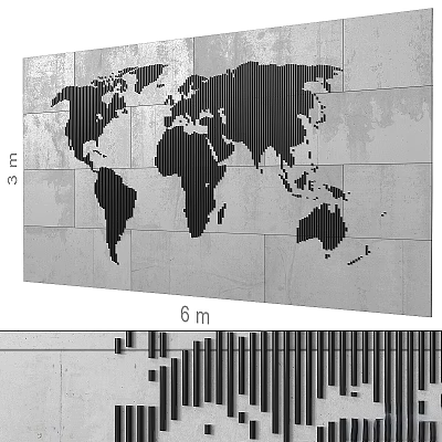 World Map Wall Art With Black Vertical Strips On Gray Background 3m x 6m 3d model