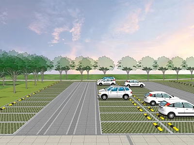 Eco Friendly Parking Lot With Trees Parked Cars And Grass Pavers Design 3d model